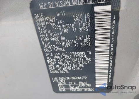 2013 Nissan Quest S/Sv/Sl/Le z USA, uszkodzony, nr VIN JN8AE2KP8D9064272